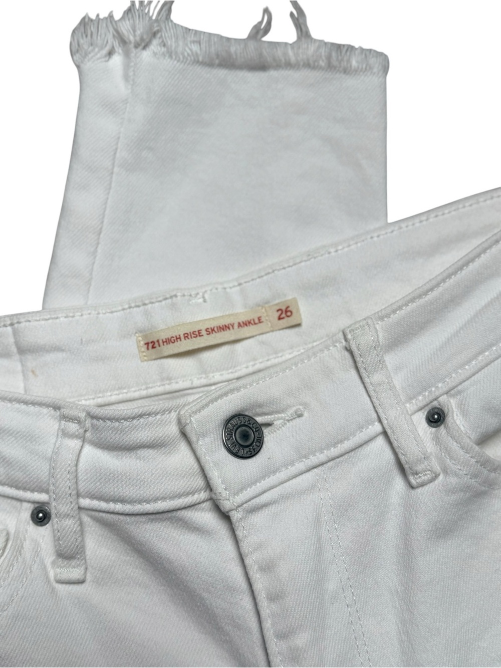 Levi’s 721 High Rise Skinny Ankle White Distressed Raw Hem Jeans 26 - Picture 4 of 12